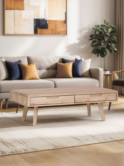 Couchtisch mit Schubladen aus massiver Eiche weiß geölt 110 cm Portofino