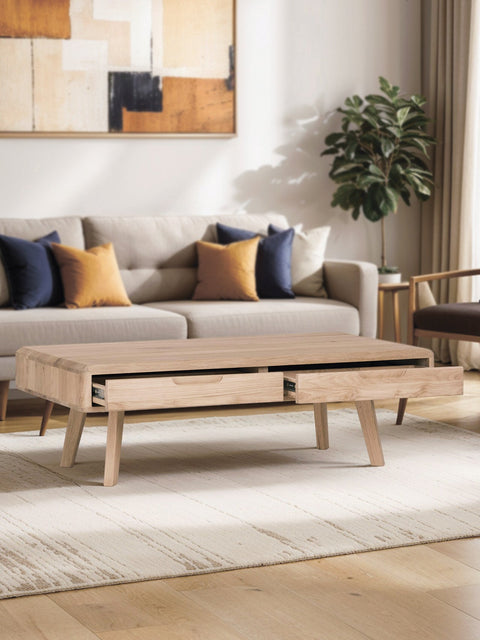 Couchtisch mit Schubladen aus massiver Eiche weiß geölt 110 cm Portofino