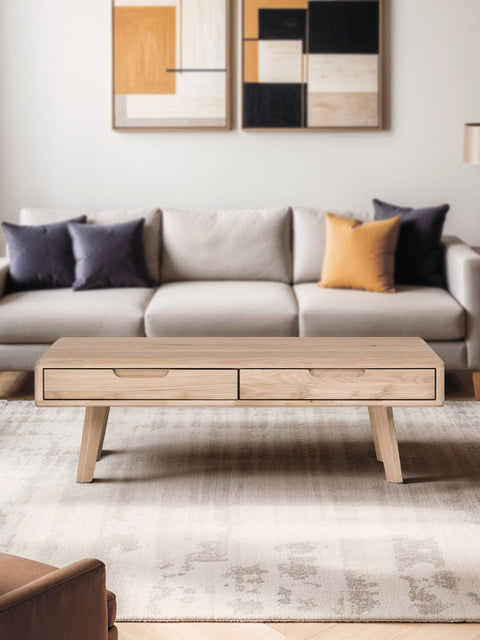 Couchtisch mit Schubladen aus massiver Eiche weiß geölt 110 cm Portofino