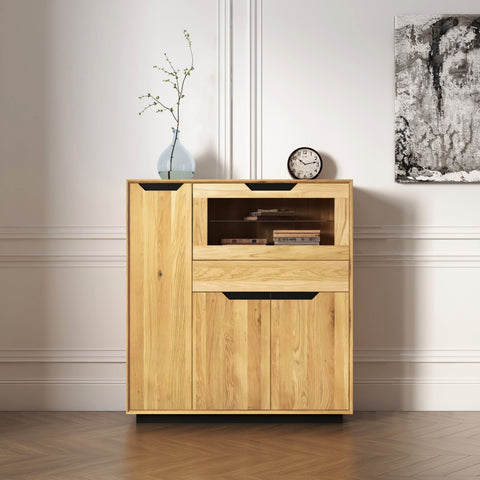 Highboard-Schrank aus massiver Eiche 124 x 38 x 134 cm Natur Adena