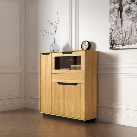 Highboard-Schrank aus massiver Eiche 124 x 38 x 134 cm Natur Adena