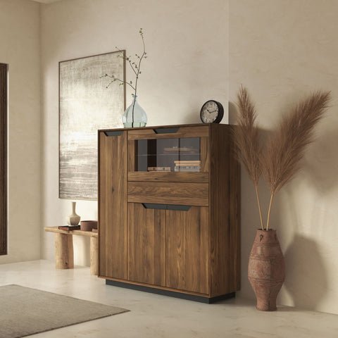 Hochschrank aus Massiveiche rauchig geölter 124×38×134 cm Adena