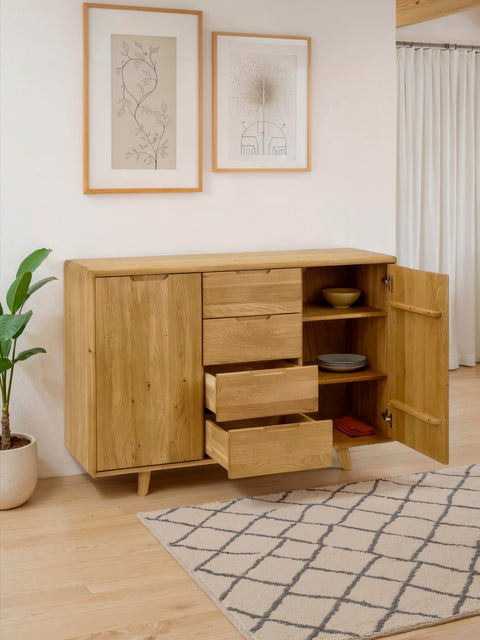 Kommode aus massiver Eiche 4 Schubladen 2 Türen zwei Größen Natur Portofino