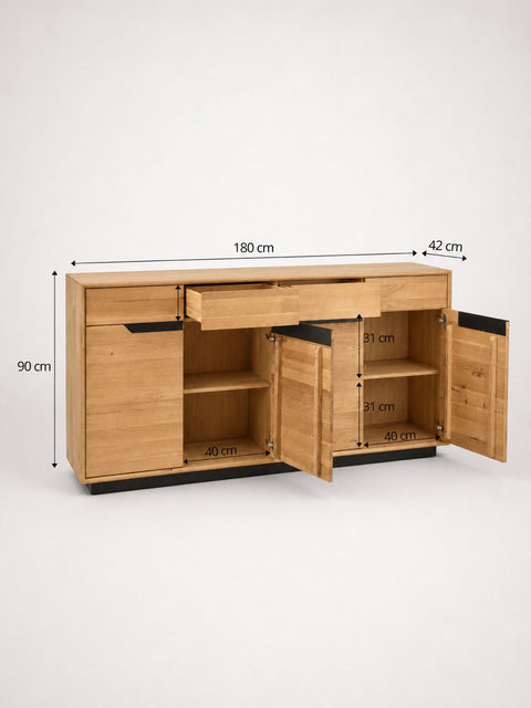 Sideboard 180 cm mit 4 Türen aus massiver Eiche natur modern Adena