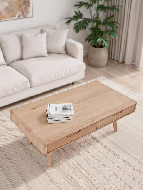 Couchtisch mit Schubladen aus massiver Eiche weiß geölt 110 cm Portofino