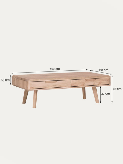 Couchtisch mit Schubladen aus massiver Eiche weiß geölt 110 cm Portofino